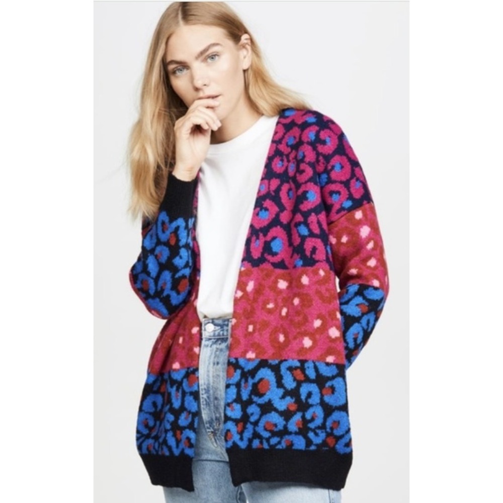 Farm Rio Mixed‎ Leopard Cardigan Multi Colorblock Pink Blue Red Size M